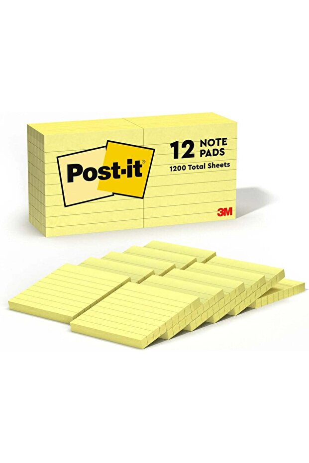 Post-it Super Sticky Yellow Notes Lined 3 x 3 in, 12 Pads/Pack, 1200 Total Sheets