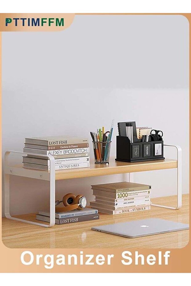 Wood & Iron Desk Organizer Shelf, Single-Tier Desktop Storage Rack for Office, Home, Cubicle, Compa