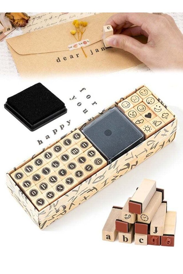 Vintage Wooden Letter Stamp Kit, Small Lowercase Alphabet + Expression Weather Pattern Stamps, Port
