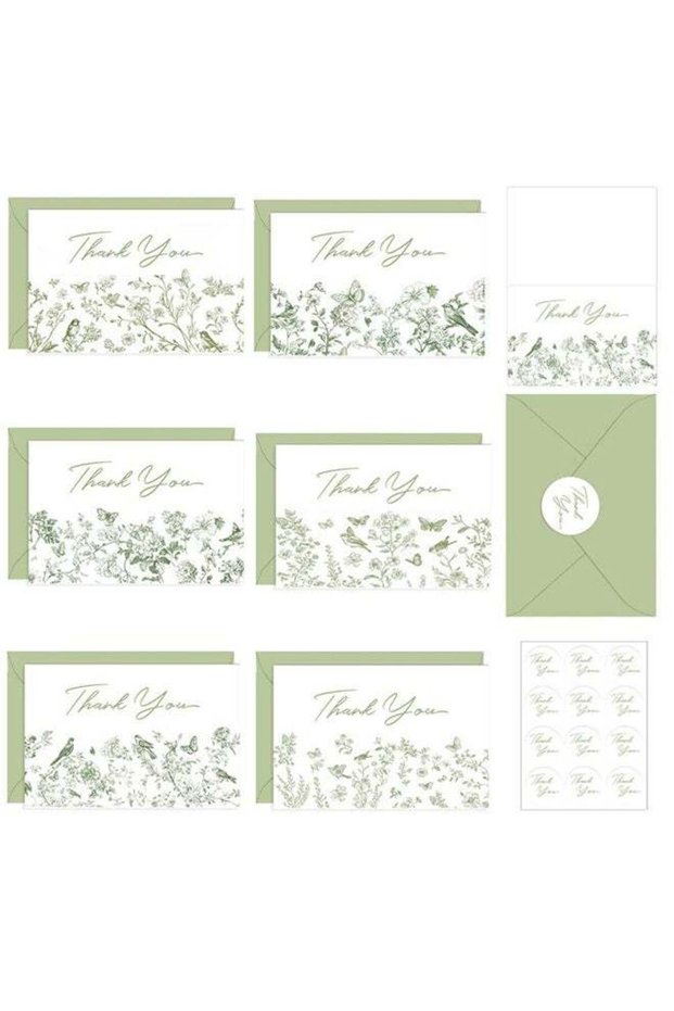 6 Sets Sage Green Floral Thank You Cards With Envelopes Stickers, Wedding Floral Thank You Card Gre