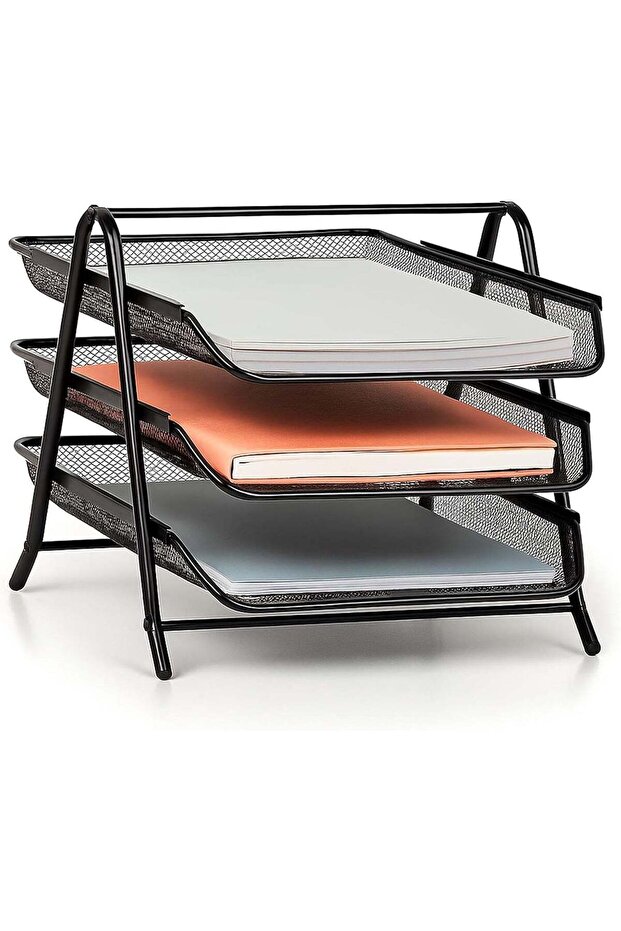 3 Tier Mesh Letter Tray, Office Filing Trays Holder, Desk Organizer with Stacking Supports, Metal D