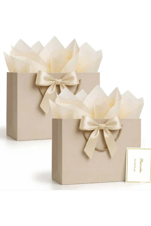 2Pcs Gift Bags Medium with Handles with Ribbon Card and Tissue Paper, 2Pcs Cute Champagne Beige Pap
