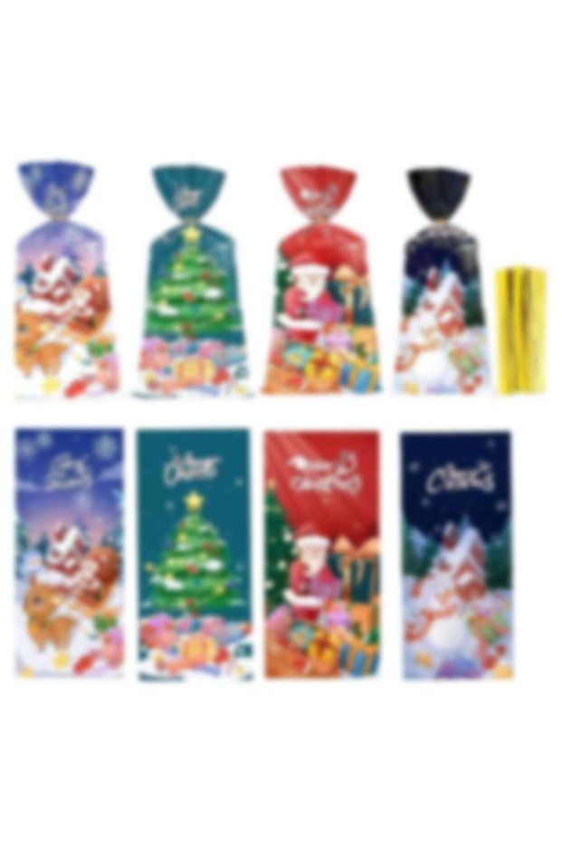 [50 Pcs] Cellophane Treat Bags with Twist Ties, 4 Holiday Designs Goodie Bags, Plastic party favor