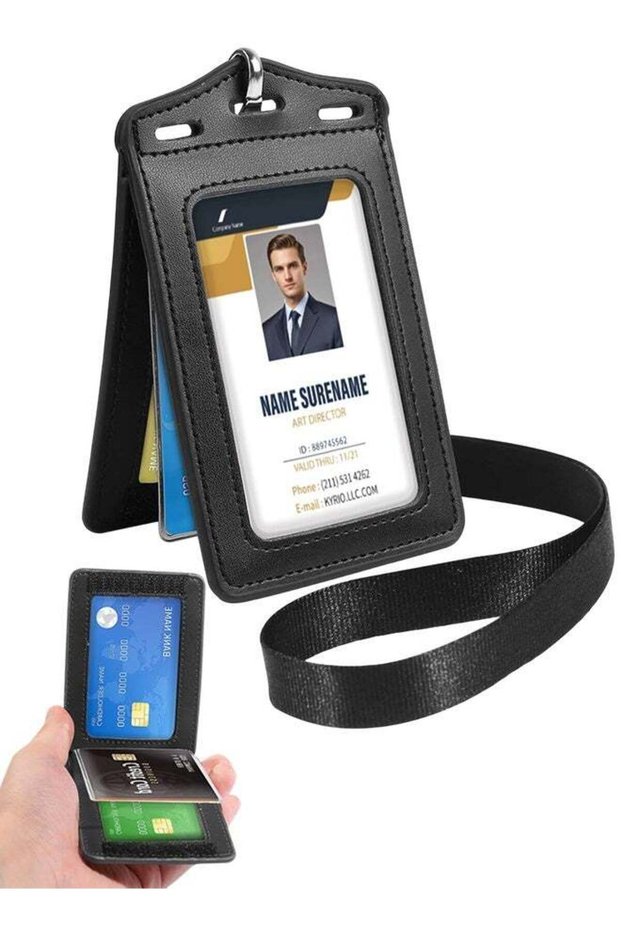 ID Card Holder with Lanyard and Badge Clip, Tri-Fold Leather ID Holder with Clear ID Window,with Ca