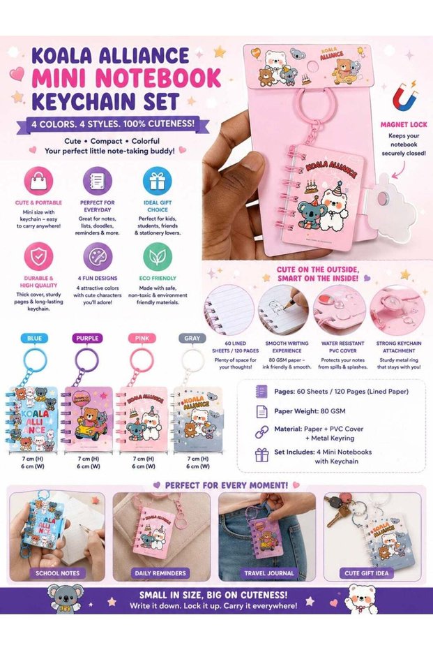Koala Alliance Mini Notebook Keychain Set – 4 Cute Color Designs with Magnet Lock, Portable Pocket