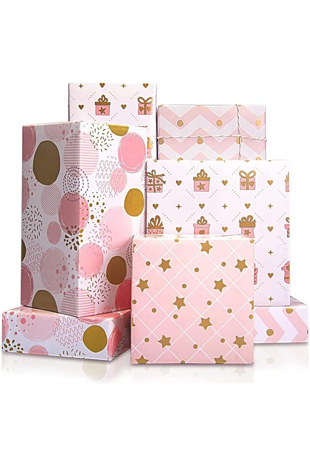 4 Sheets Metallic Gold Foil Gift Wrapping Paper, Pink Birthday Wrap for Women & Girls, Perfect for
