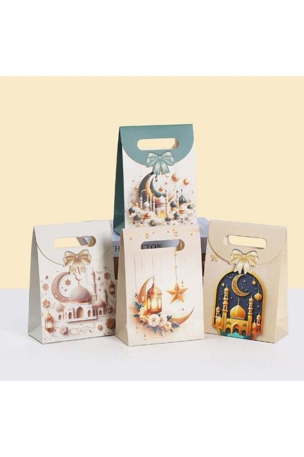 12PCS Ramadan Eid Paper Gift Bags 20×14×7cm – 4 Islamic Designs Treat, Biscuit & Party Favor Packag