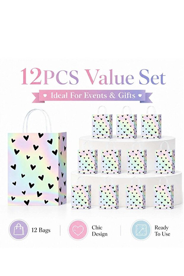 12Pcs Gift Bags With Handles,Iridescent Laser Heart Design Paper Gift Bags For Birthday, Wedding, B