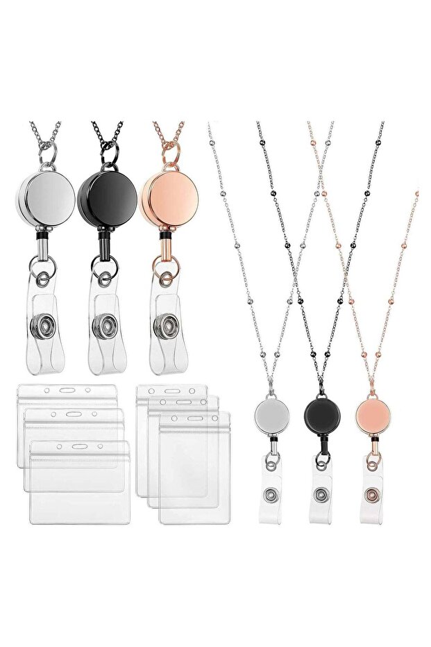 3Pcs ID Badge Holder With Lanyard Retractable Office Work ID Card Badge Holder Stainless Steel Wate