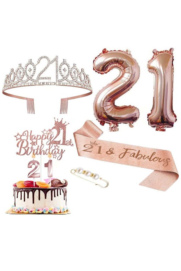 21th Birthday Decorations for Girls, Including 21year old Birthday Cake Topper, Birthday Queen Sash
