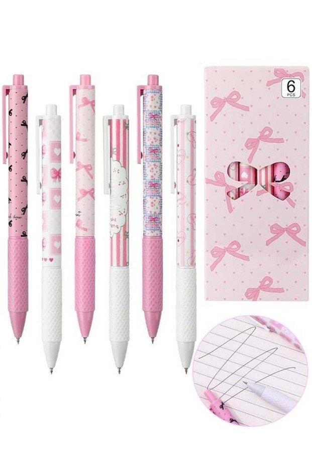 6 Pcs Coquette Bow Retractable Gel Pens Cute Pink Ballet Girly 0.5mm Black Ink Ballpoint Pens, Scho
