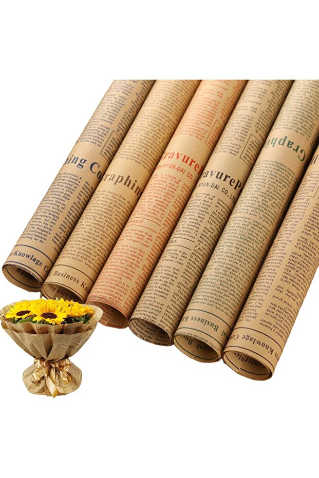 HANNEA® 6 Sheet Gift Wrapping Paper, 50x70cm Brown Retro Newspaper Style Package Paper Birthday Wra