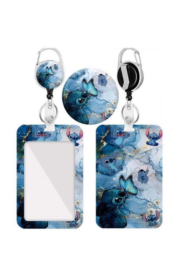 2D 2in1 Disney Stitch and the Butterfly Cartoon Design-ID card holder, women's ID card lanyard, tea