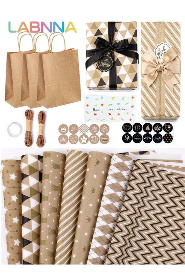 Gift Wrapping Paper Set,All-in-One Gift Packaging Kit with 7 Sheets 70×50cm Kraft Wrapping Paper (P