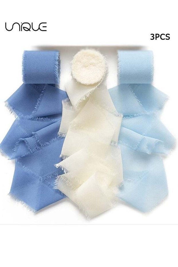 Handmade Tassel Chiffon Ribbon - 3 Rolls of 4cm x 5m Blue Series Ribbon Set for Wedding Invitations