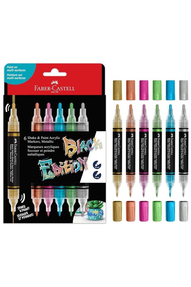 6-Piece Shake And Paint Black Edition Acrylic Paint Markers Metallic Colours