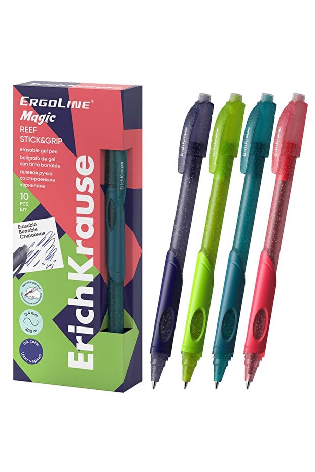 10-Piece Ergoline Erasable Gel Pen Assorted Barrel Colours Blue Ink