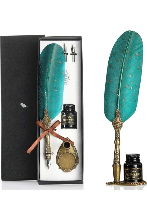 Vintage Green Feather Pen and Ink Set, Classic Series Goose Quill Pen with Carving Pen Stand, Calli