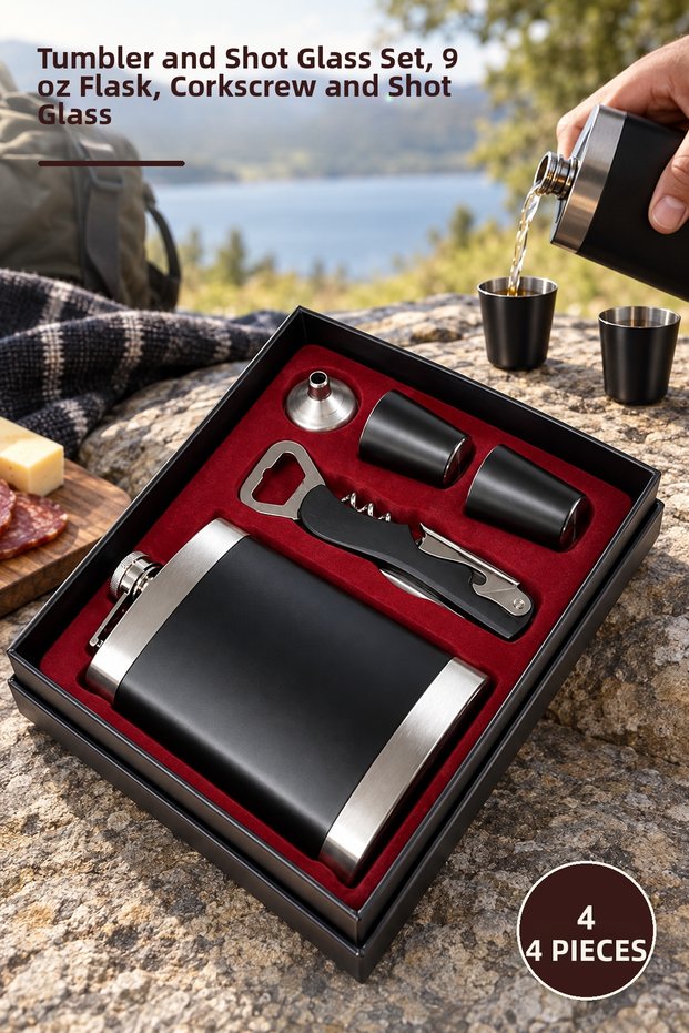 4-Piece Steel Flask Set – with Corkscrew and Shot Glasses, 9 oz Bottle Flask Corkscrew and Shot Glass