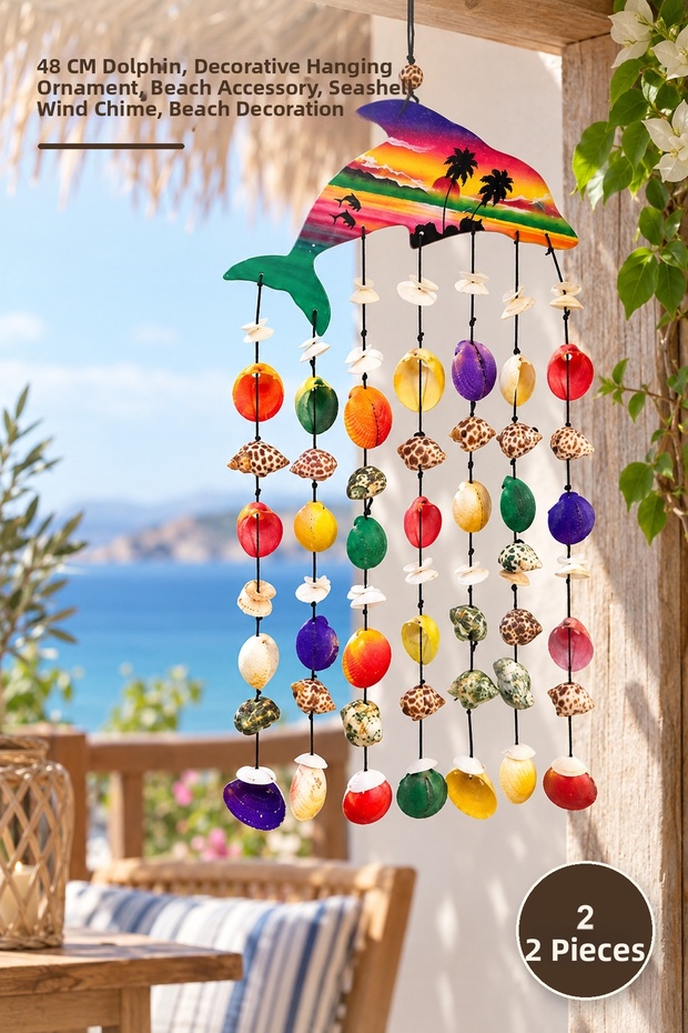 2 Pieces Seashell Fish Wind Chime – 48 cm Length, Decorative Hanging Ornament, Beach Accessory, Seashell Wind Chime, Beach Ornament