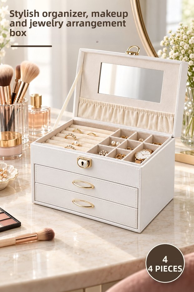 4 Pieces Leather-Trimmed Makeup and Jewelry Box – Stylish Organizer, for Organizing Makeup and Jewelry, Cosmetic and Jewelry Box