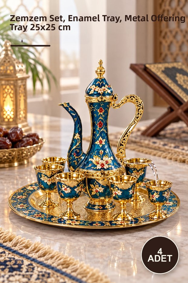 4 Piece Metal Enamel Zemzem Set – Zemzem Set, Enamel Tray, Metal Serving Tray 25X25 cm
