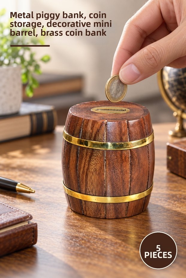 5 Pieces Brass Barrel Piggy Bank – Metal Piggy Bank, Money Storage, Decorative Mini Barrel, Brass Coin Bank