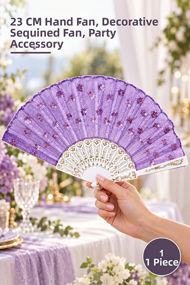 1 Piece Plastic Sequin Fan – 23 cm Handheld Fan, Decorative Sequin Fan, Party Accessory