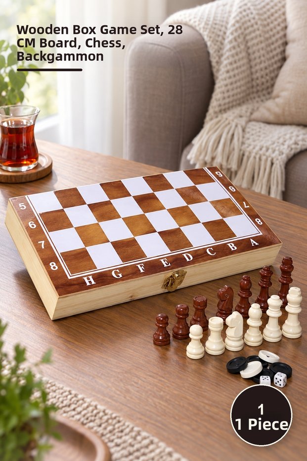 1 Piece Chess and Backgammon Set with Wooden Box – Game Set with Wooden Box, 28 cm Board, Chess, Backgammon