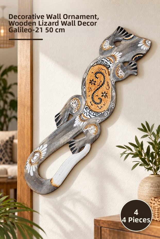 4 Pieces Wooden Wall Hanging Lizard Figure – Decorative Wall Ornament, Wooden Lizard Wall Decor Galileo-21 50 cm
