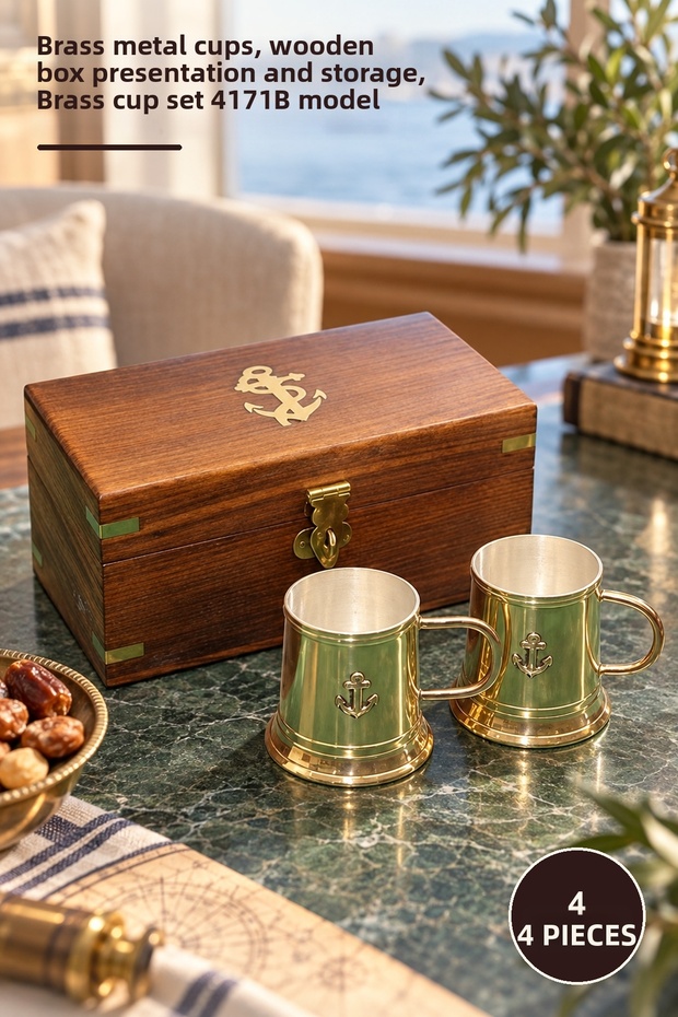 4-Piece Brass Cup Set with Wooden Box – Brass Metal Cups, Presentation and Storage in a Wooden Box, Brass Cup Set Model 4171B