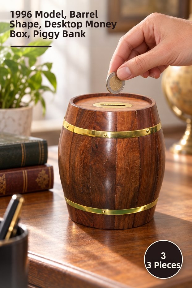 3 Pieces of Brass Wooden Barrel Piggy Bank – 1996 Model, Barrel Shape, Desktop Money Box, Piggy Bank Money Box
