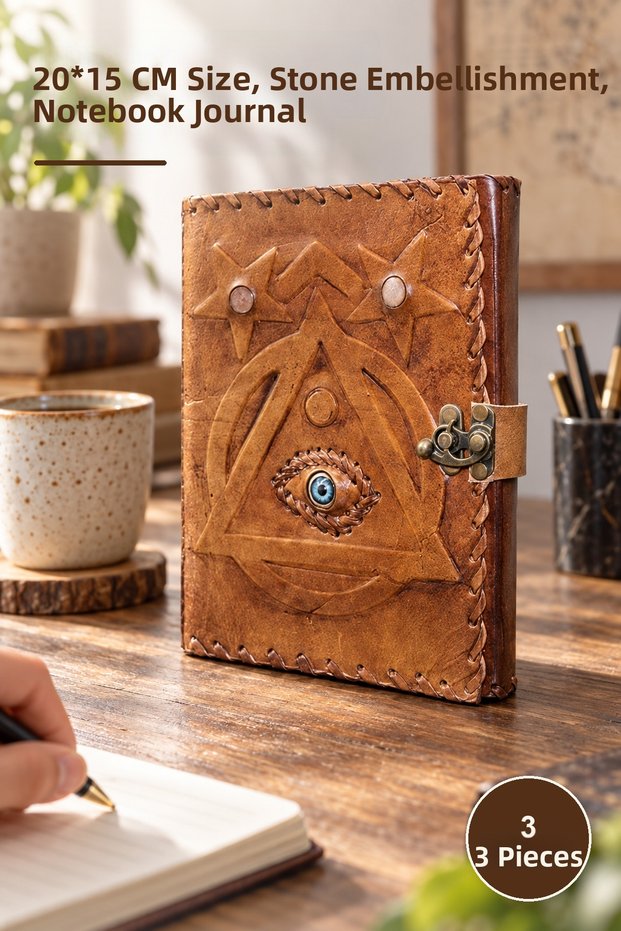 3 Stone Leather Notebooks – 20*15 cm Size, Stone Decoration, Notepad, Notebook Journal