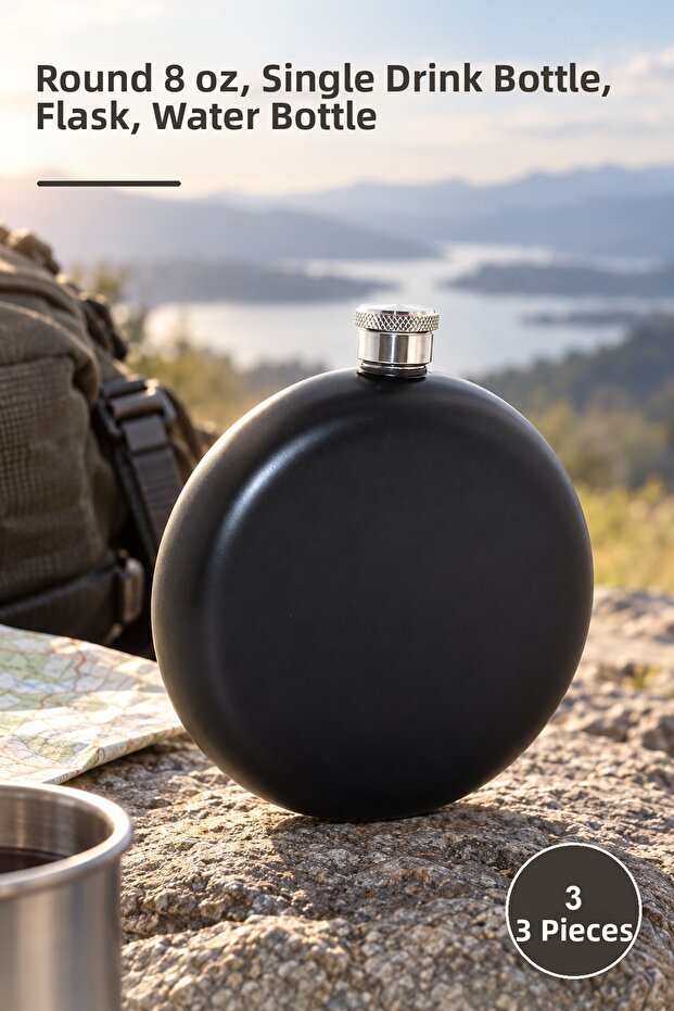 3 Stainless Steel Water Bottles – Round 8 Oz, Single, Beverage Carrier, Flask, Water Bottle
