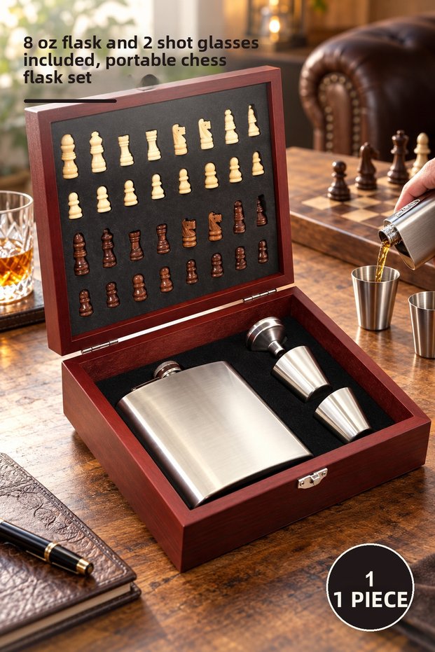 1 Piece Wooden Boxed Chess Flask Set – Portable Chess Flask Set Including 8 oz Flask and 2 Shot Glasses