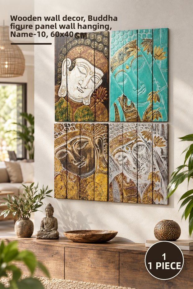 1 Piece Wooden Buddha Board for Wall Hanging – Wooden Wall Decoration, Buddha Figure Board Wall Hanging, Namı-10, 60X40 cm
