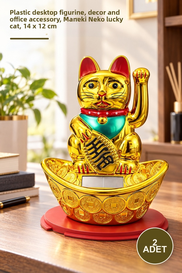 2 Pieces of Lucky Cat – Plastic Desktop Figure, Decoration and Office Accessory, Maneki Neko Lucky Cat, 14 X 12 cm