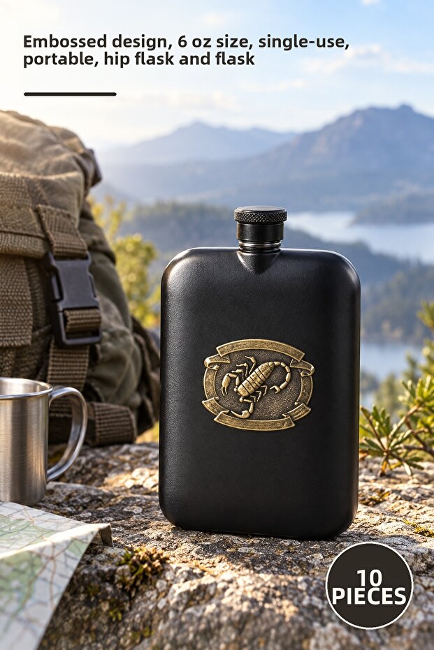 10 Stainless Steel Flasks – Embossed Design, Pocket Size 6 Oz, Single Portable Use, Hip Flask and Flask