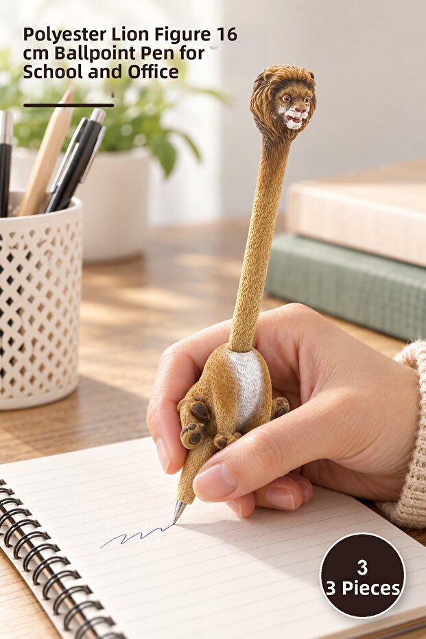 3 Pieces of Ballpoint Pens – 16 cm Writing Pen with Polyester Lion Figure School Office Ballpoint Pen