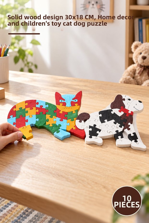 10 Pieces Wooden Cat and Dog Puzzle – Full Wooden Design 30X18 Cm, Home Decor and Children's Toy Cat Dog Puzzle