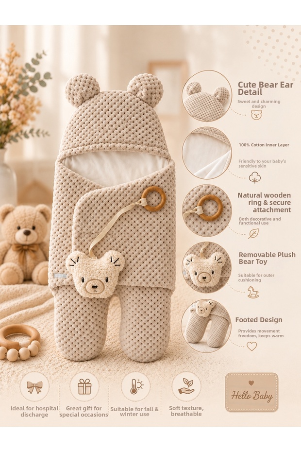 100% Cotton Extra Soft Winter Baby Blanket Swaddle Toy Sleeping Bag with Teddy Bear Ears
