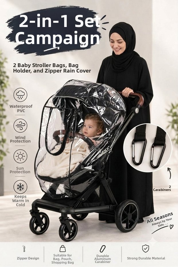 Luxury Zippered Baby Stroller Rain Cover + 2 Baby Stroller Hooks | Set of 2.