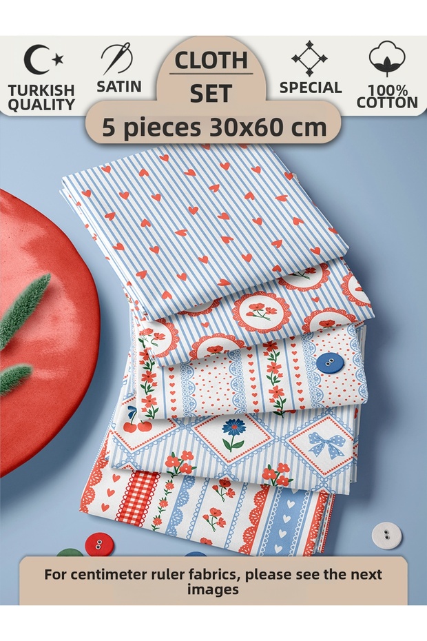 100% Cotton Fabric Panel Set 5 Different Patterns 30X60 cm – Vintage Floral, Heart and Bow Patterns, Blue and Red Tones