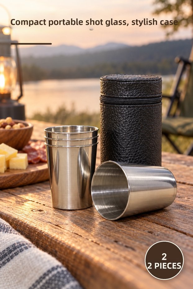 2 Shot Glasses with Leather Cases – Compact Portable Shot Glass, Shot Cup, Mini Whiskey Glass, Stylish Case