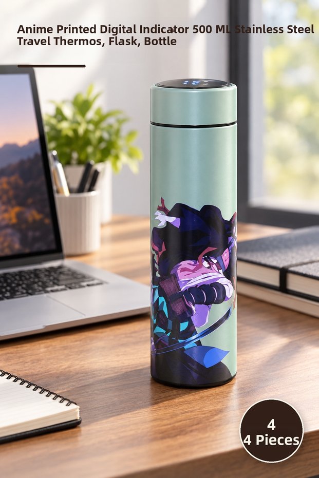 4 pieces thermos - anime printed digital display 500 ml stainless steel travel thermos, flask, bottle