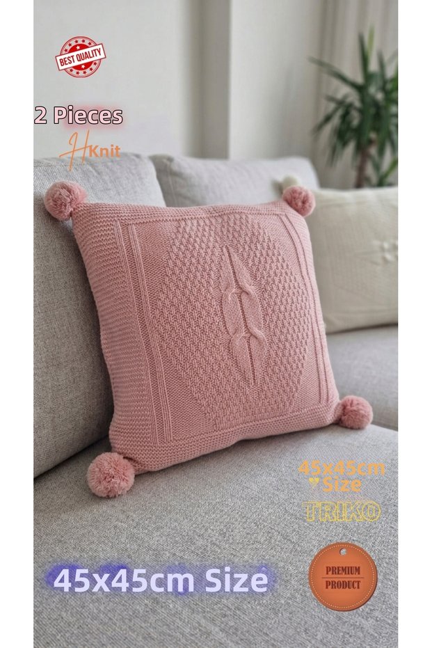 2 Pieces of Knitwear with Pom Poms and Button Details, Stylish Modern Throw Pillow