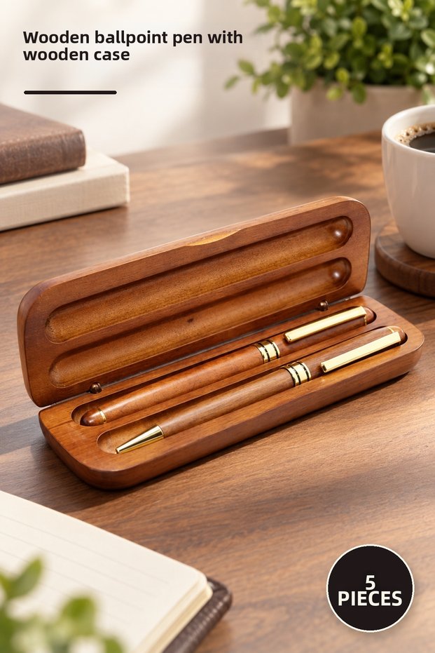 5 Pieces Ballpoint Pens – Design Gift with Wooden Box, Wooden Pen and Wooden Box, Wooden Ballpoint Pen
