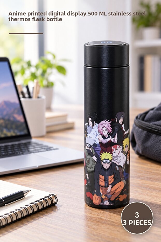 3 pieces thermos - anime printed digital display 500 ml stainless steel flask thermos bottle