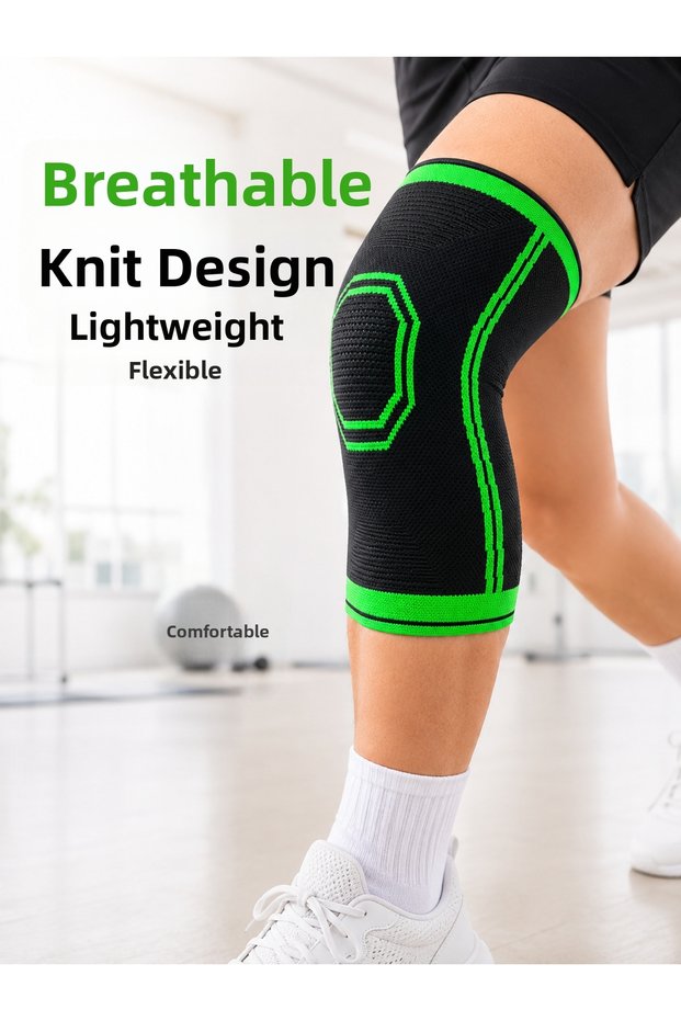 Flexible Knee Support Black Green Knitted Knee Brace for Sports Exercise and Daily Use