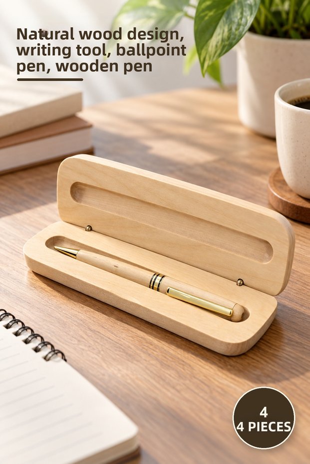 4 Pieces Ballpoint Pens with Wooden Case – Natural Wood Design, Writing Tool, Ballpoint Pen, Wooden Pen
